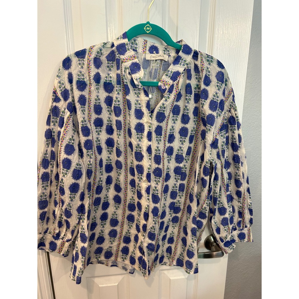 Easy Clothes Button Down Shirt White Blue Floral Cotton Made in Italy Blouse